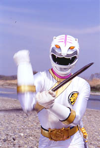 White Ranger posing with a Crystal Saber